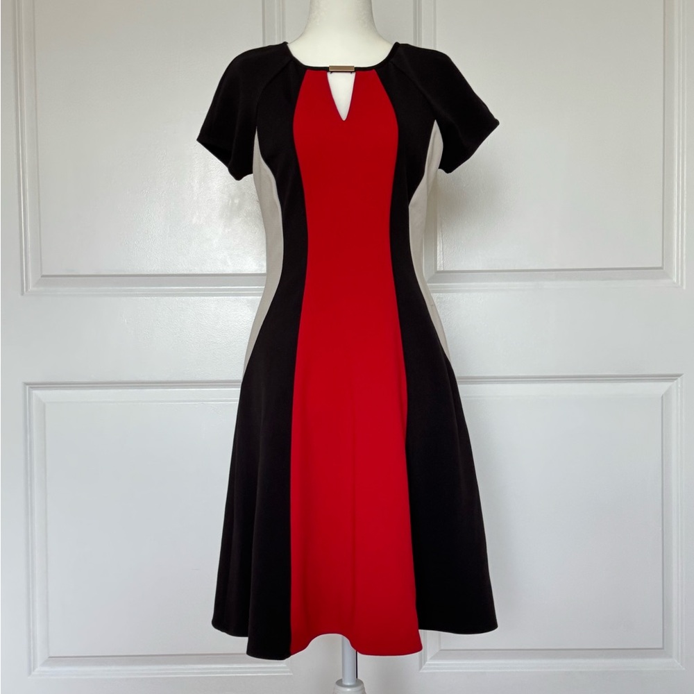 Calvin Klein Red, Black and Gray Colorblock Midi Dress